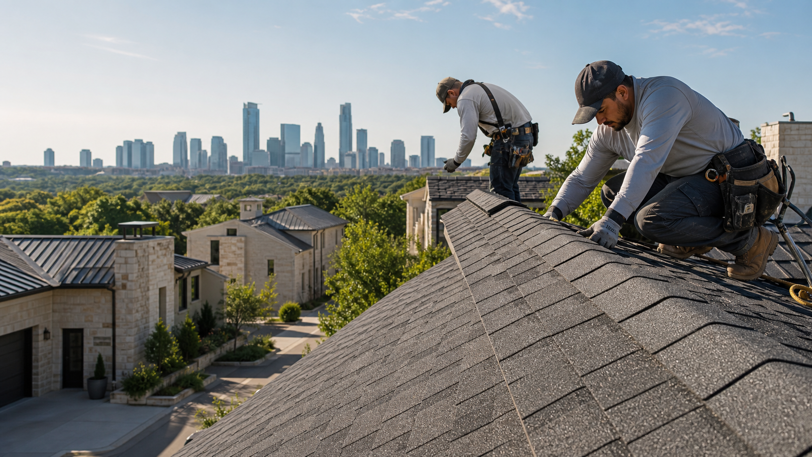 Roofing crew working on an Austin-area home in morning light